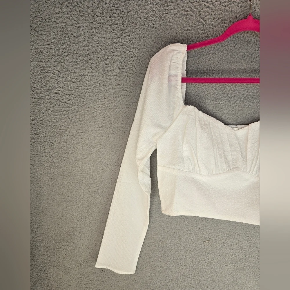 Astr The Label Crop Top White Womens Sz L Ruched Sweetheart Neckline Smock Back